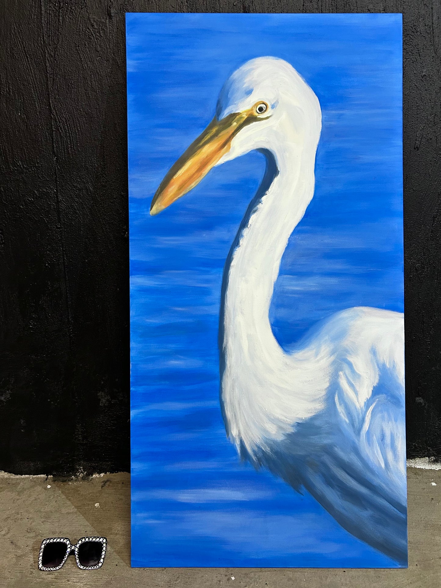 White Dinosaur-Looking Bird (Egret) Painting