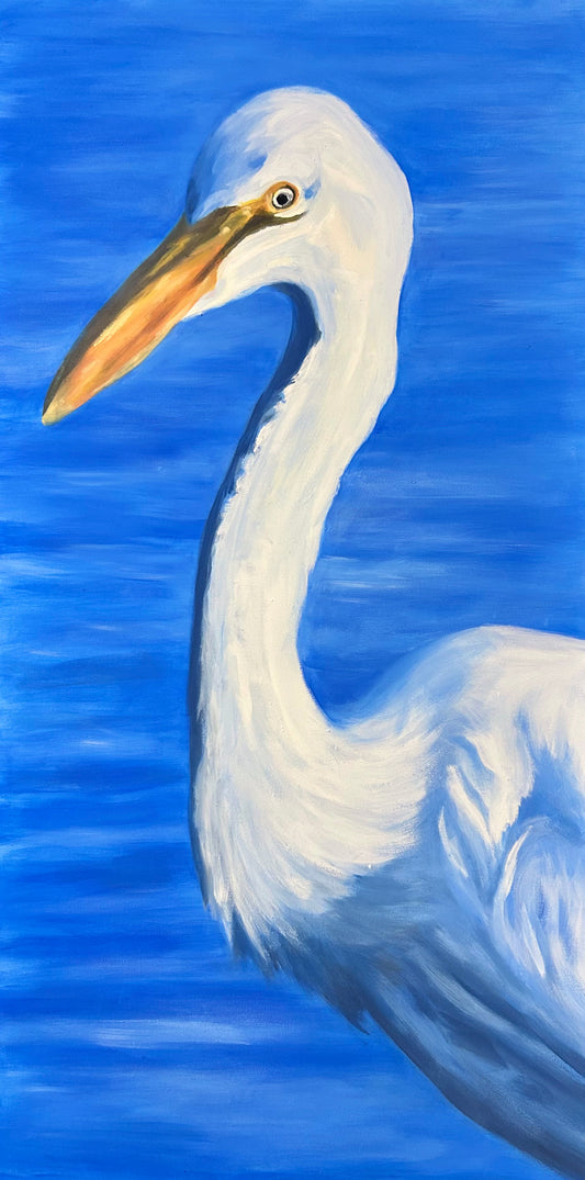 White Dinosaur-Looking Bird (Egret) Painting